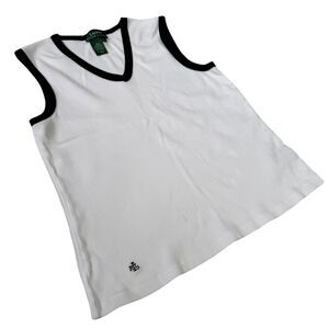 Ralph Lauren Shirt Womens Large V Neck Ribbed Tank Top White Navy Blue Trim Knit
